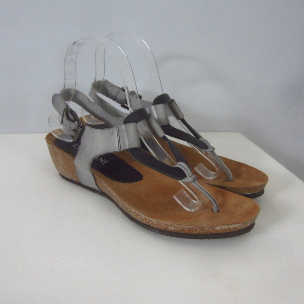Cordani Calzature Womens 8 - 8.5 M Silver Black Leather Thong Wedge Sandals